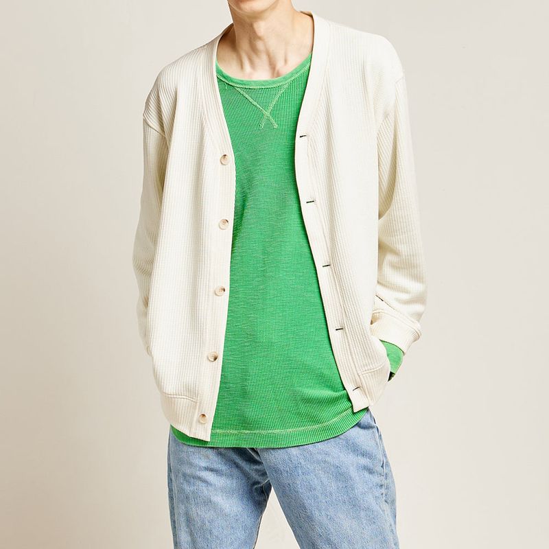 DAMP V-NECK WAFFLE CARDIGAN_IVORY