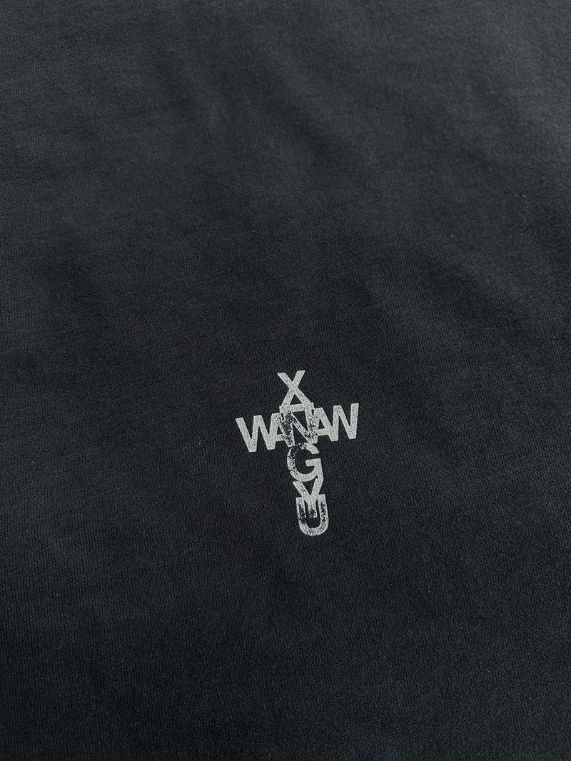 FLOCKED DENIM PATCHWORK EMBROIDERY TEXT PRINT WASHED AND DISTRESSED LONG SLEEVE T-SHIRT