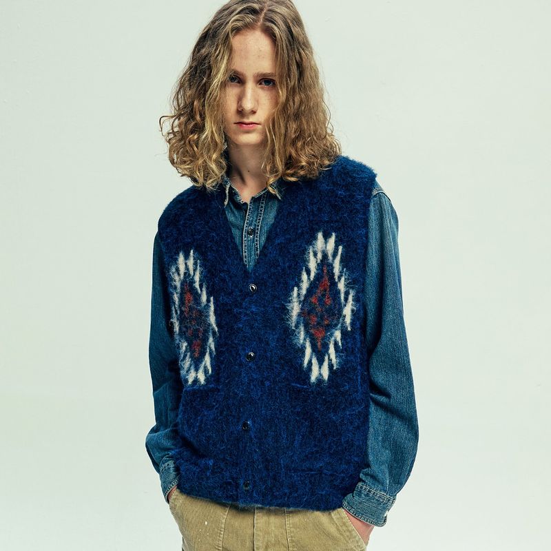 chimayo pattern brushed knit vest navy