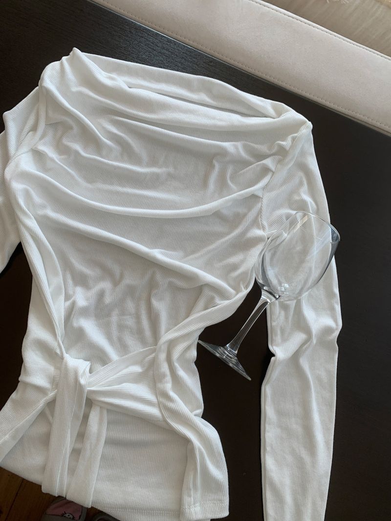 Loving Front Wrap Tie Boat Neck Long Sleeve Tee 