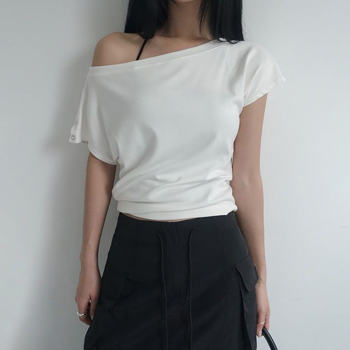 [Radiff] snap button one shoulder short-sleeved T-shirt - 4 color