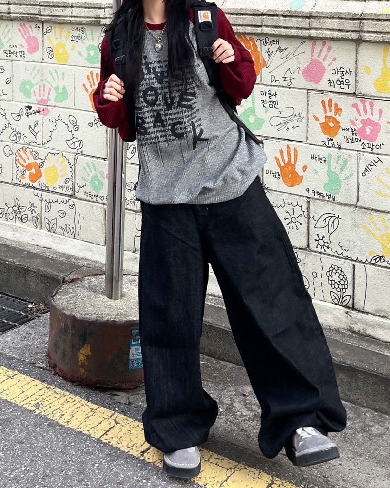 Leno black wide denim balloon pants