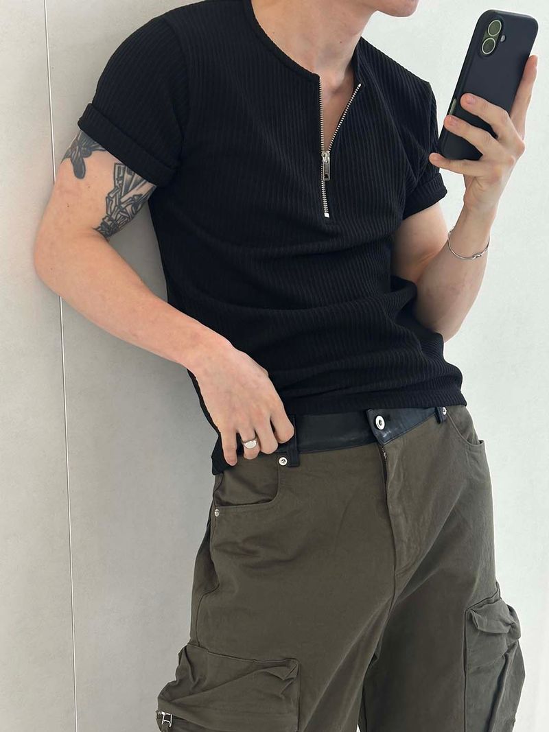 Half zip up rib slim t-shirts(2color)