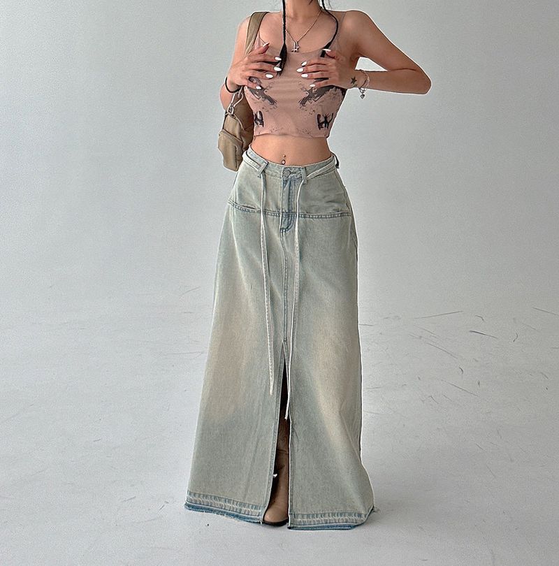 Strap belt Set Denim Long Skirt