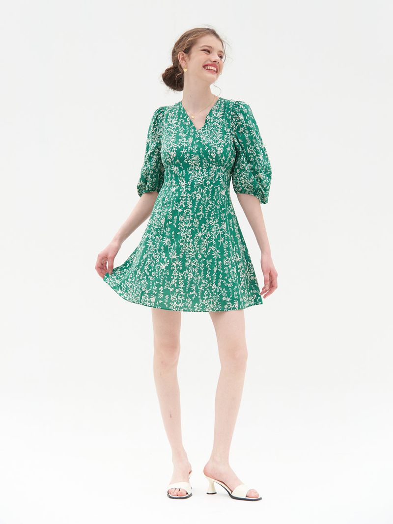 PUFF SLEEVES V NECK ONEPIECE_GREEN