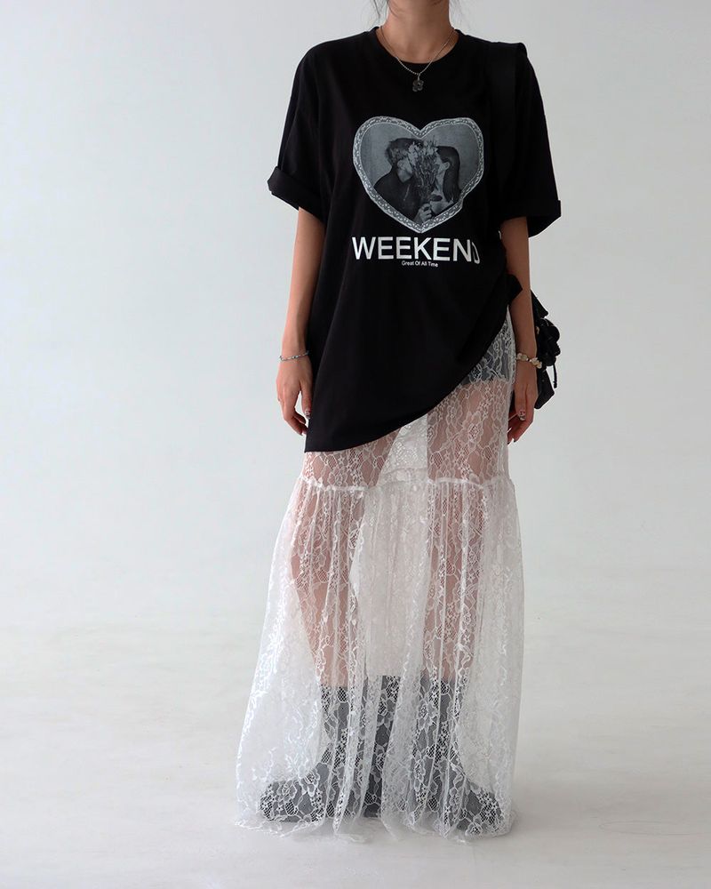lace see-through flare layered maxi long skirt