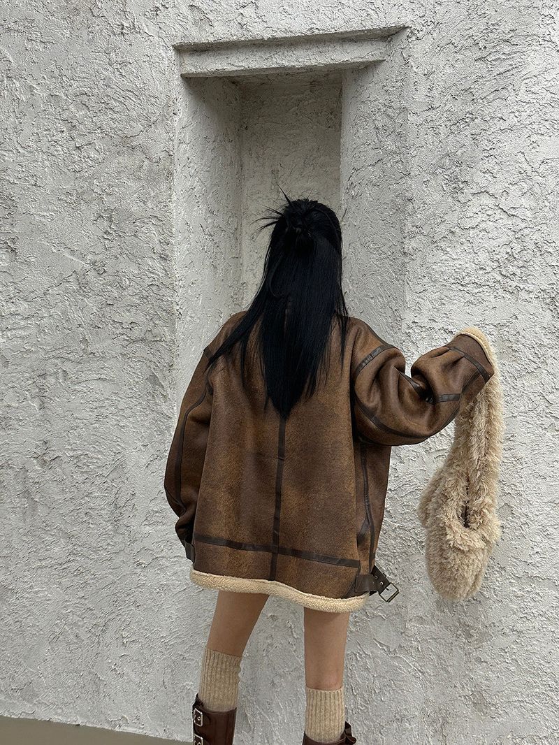 Oversized Fit Leather Wool High-Neck Mustang