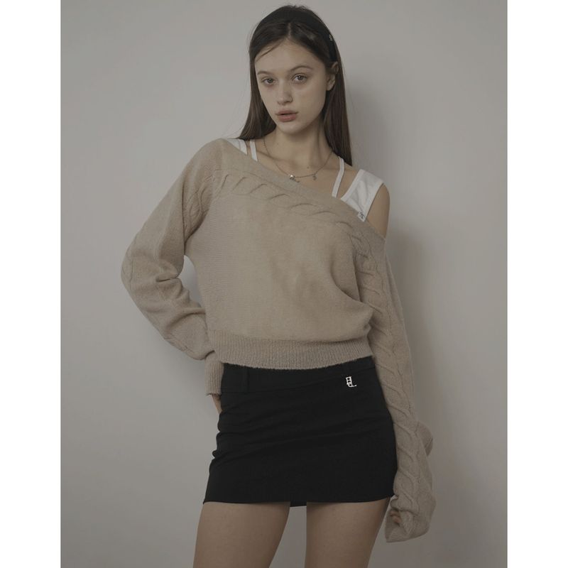 CABLE BOAT NECK KNIT-BEIGE