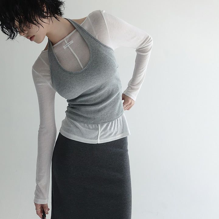 [Seight] Seam-Detail Round-Neck Long-Sleeve T-Shirt - 5 Colors