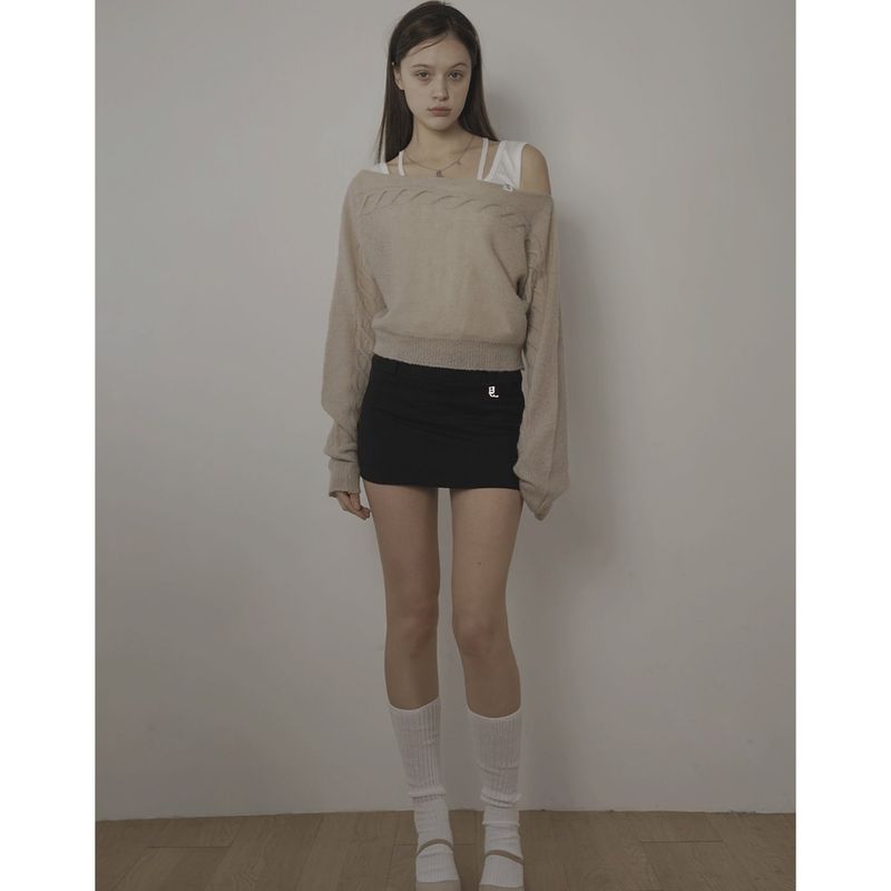 CABLE BOAT NECK KNIT-BEIGE