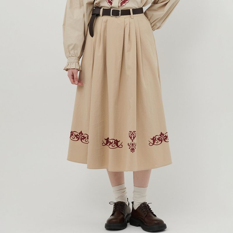 AWE BORN US（アボンアス）の「ORNAMENT PRINT MIDI SKIRT [BEIGE]（Skirts）」