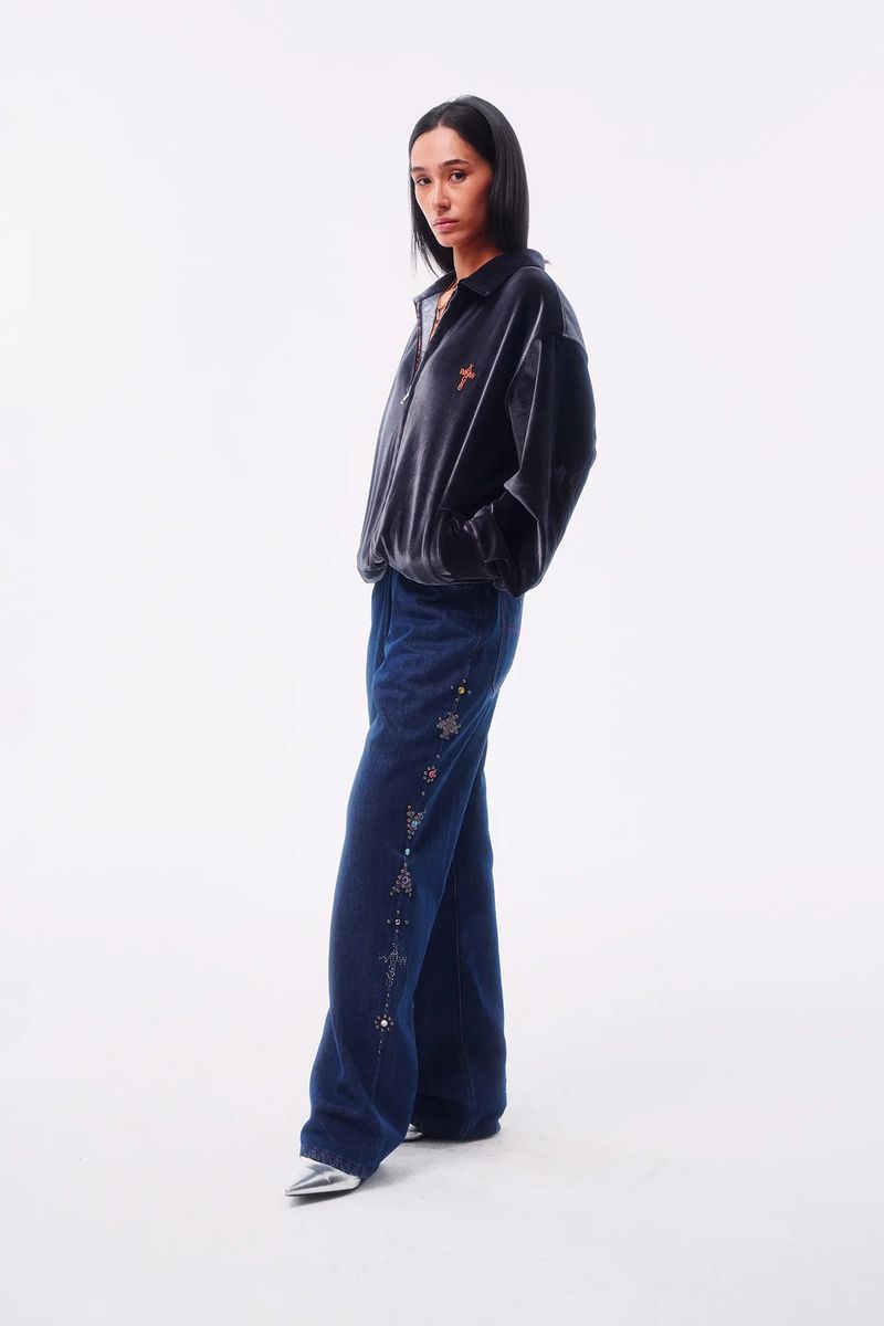 TOTEM RIVET FLOCKED DENIM PATCH STRAIGHT TAILORED JEANS