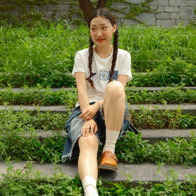 (w) Stamp crop half T-shirts / Off White