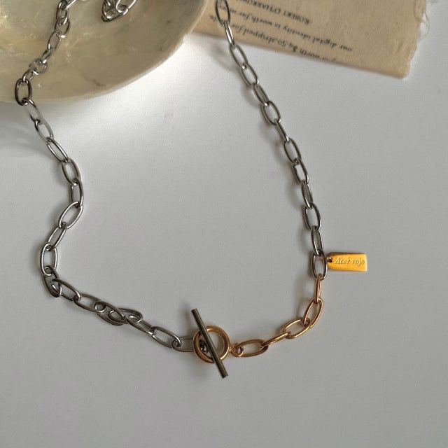 lx Two Tone Toggle Bar Bold Chain Short Necklace