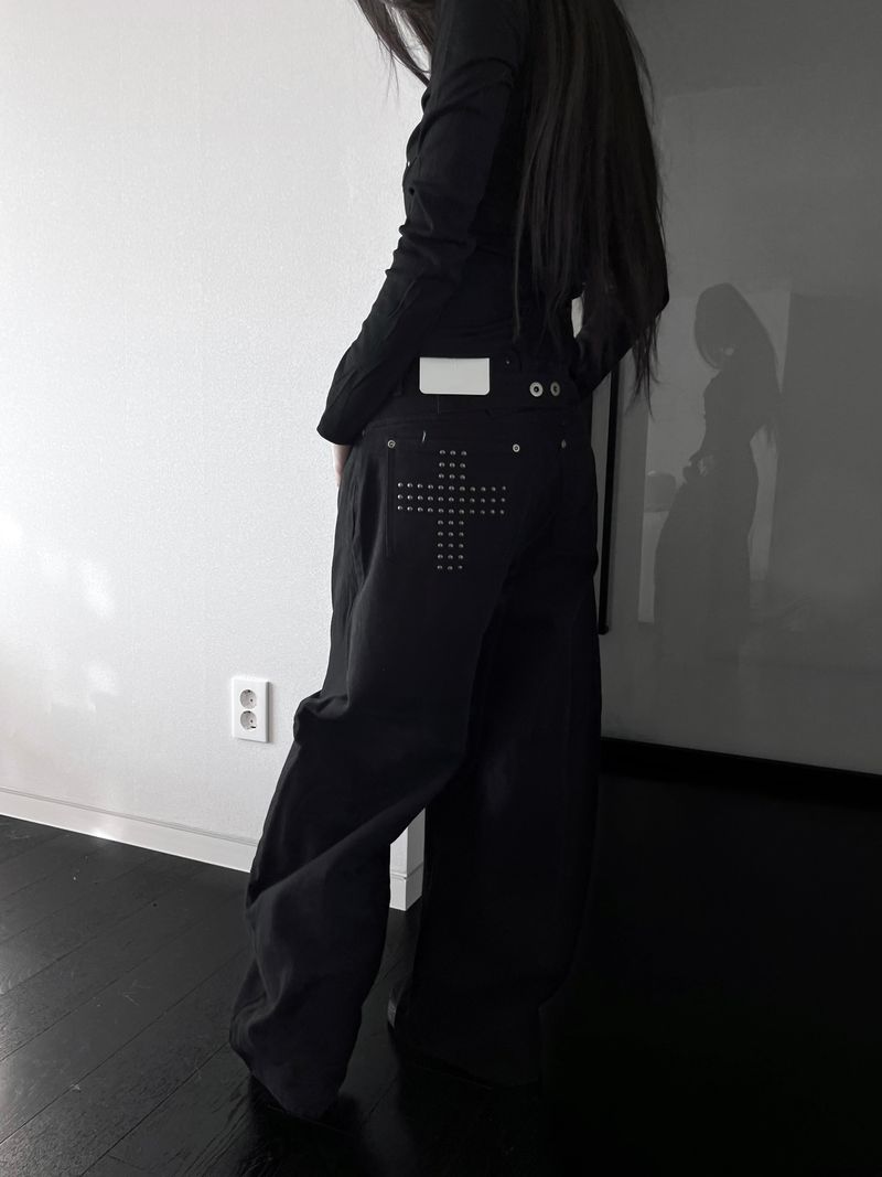 back pocket cross stud wide denim (fleece-lined / 2color)
