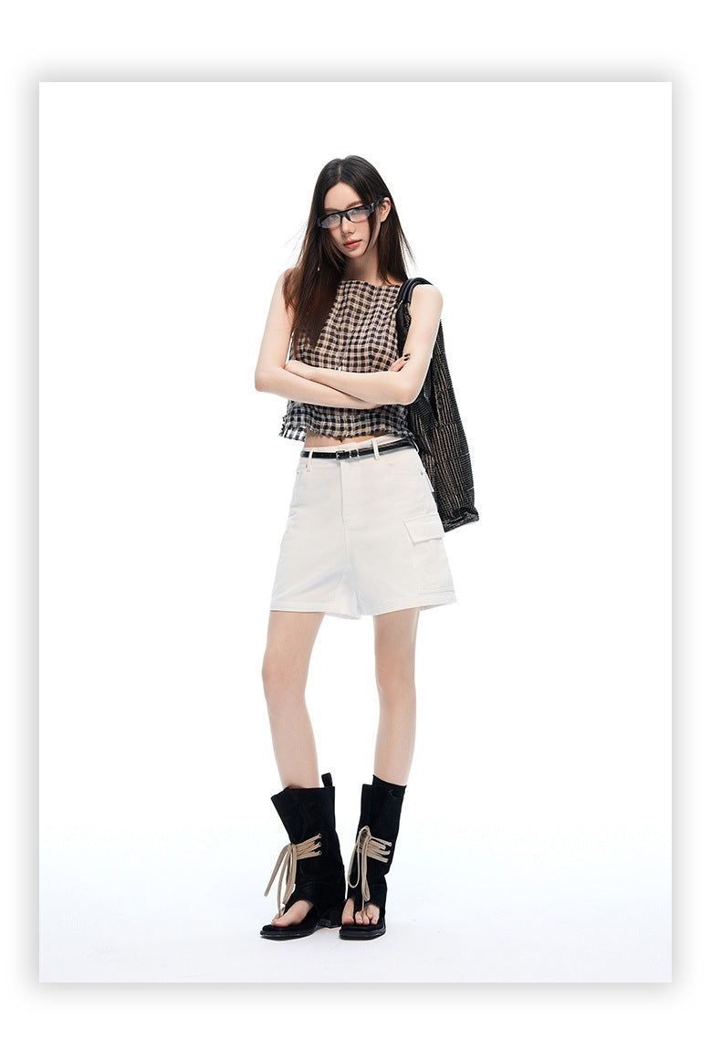 Mid Rise White Cargo Wide Leg Bermuda Shorts