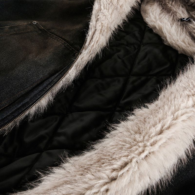 D quilted hooded denim fur cropped padded jacket