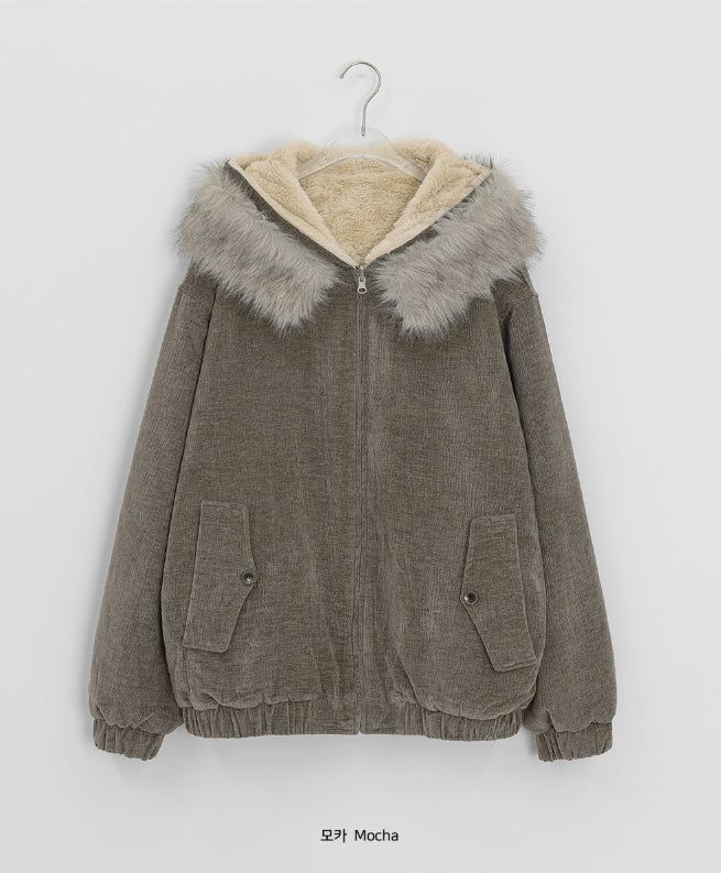 Tiken Herringbone Wool Hood Fur Jacket