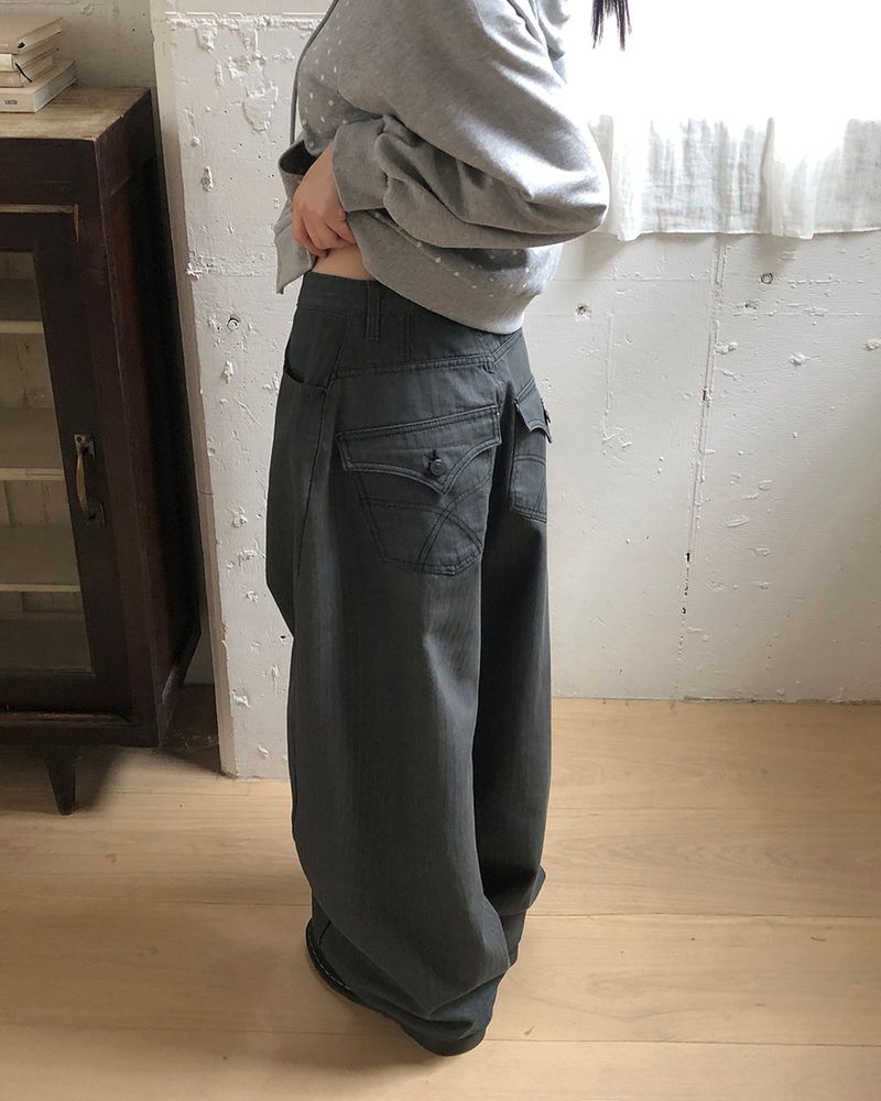 Cookit Stripe Slit Balloon Fit Wide Cotton Long Pants