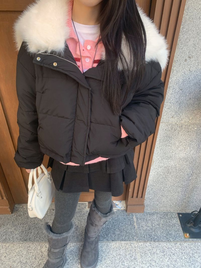 Ice Bloom Fur-Collar Duck Down Short Puffer