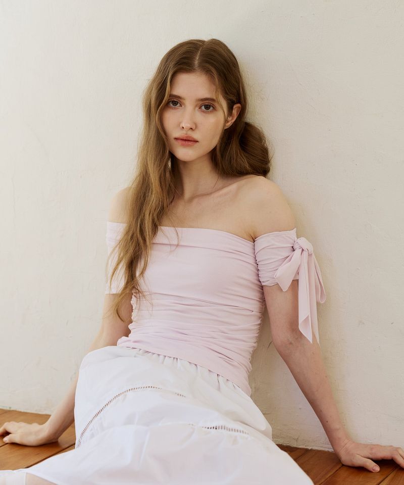 RIA ONE-SHOULDER SHIRRING TOP / PALE LAVENDER