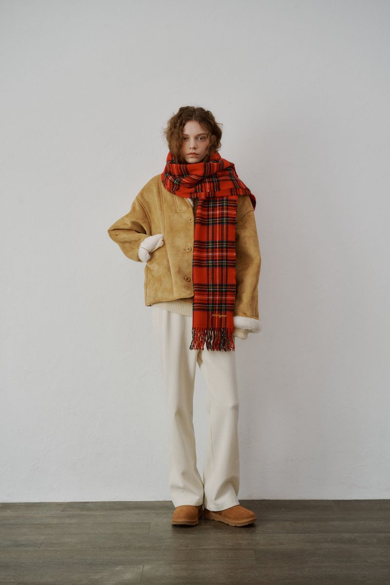 Fringe wool muffler (Red check)