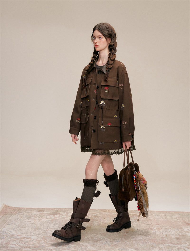 Floral Embroidery Cotton Cargo Jacket