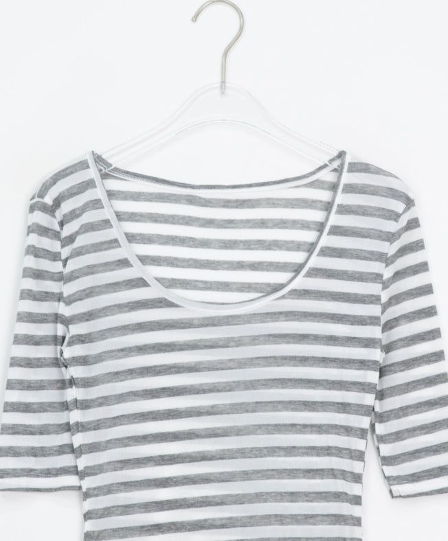 Yoka Stripe U-neck Layered Three Quarter Tee