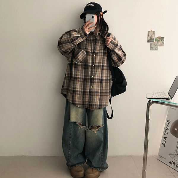 Div wool fur lining vintage check shirt jacket