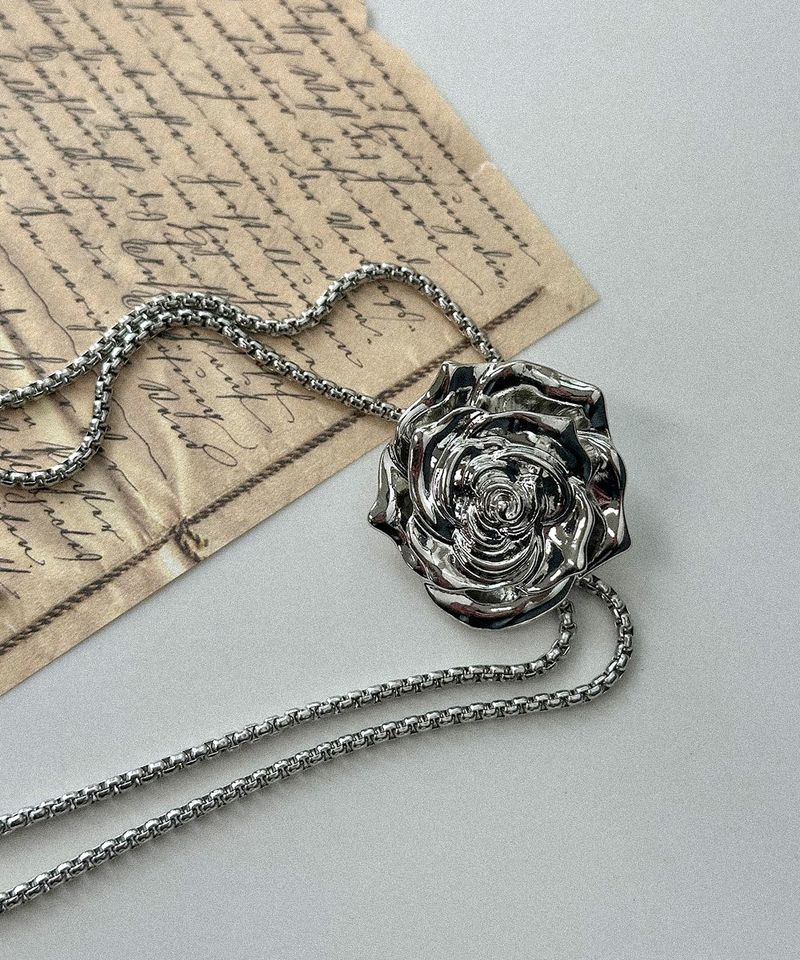 silver rose tie necklace