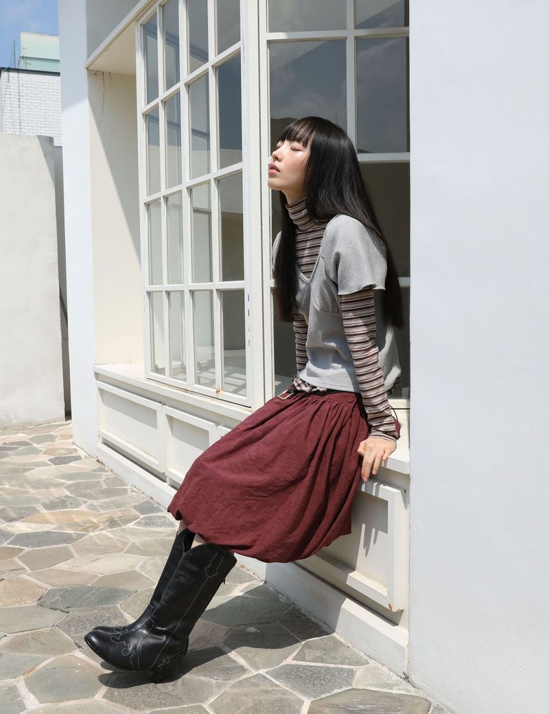 BUTTON PUMPKIN MIDI SKIRT(BURGUNDY)