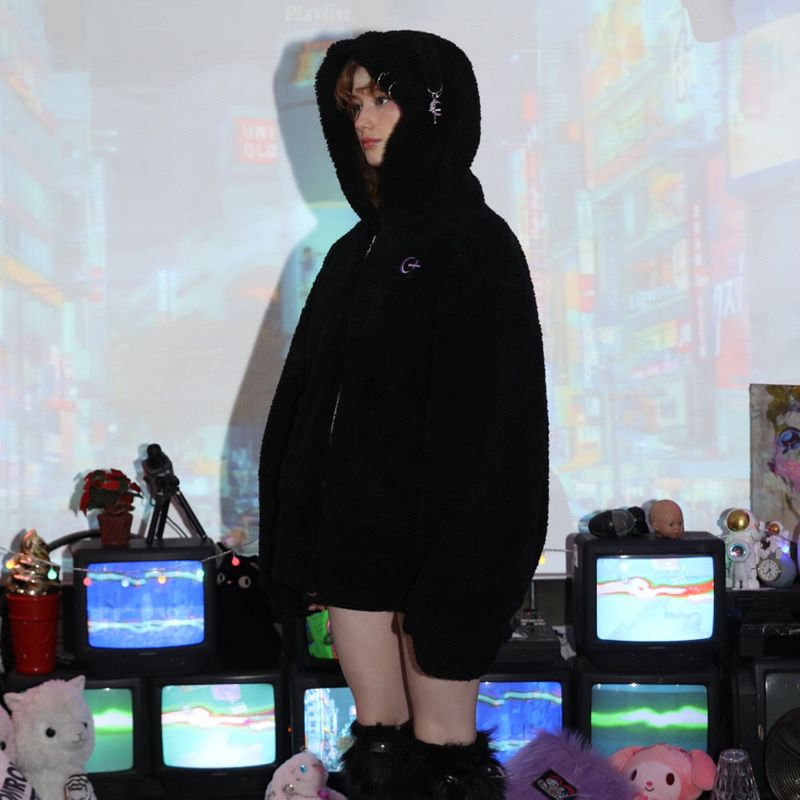 0 1 punk bear fleece jacket - BLACK