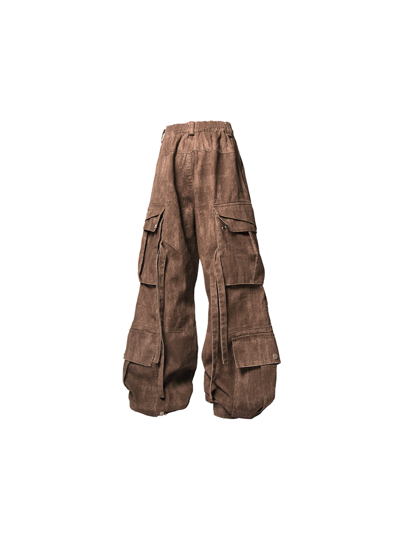RELABEL Three-dimensional Composition (Block) Washed Silhouette Pleated Multi-pocket Adjustable Flap Shell Trousers