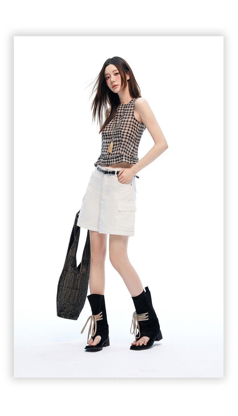 Mid Rise White Cargo Wide Leg Bermuda Shorts