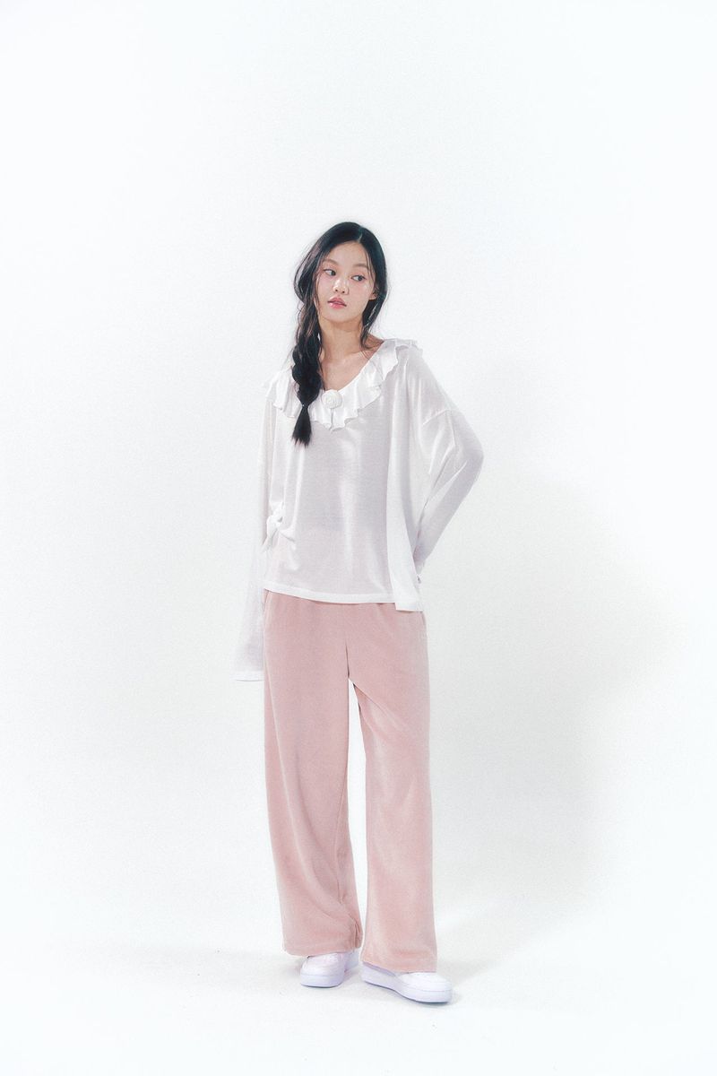 Rose Brooch Frill Long Sleeve White