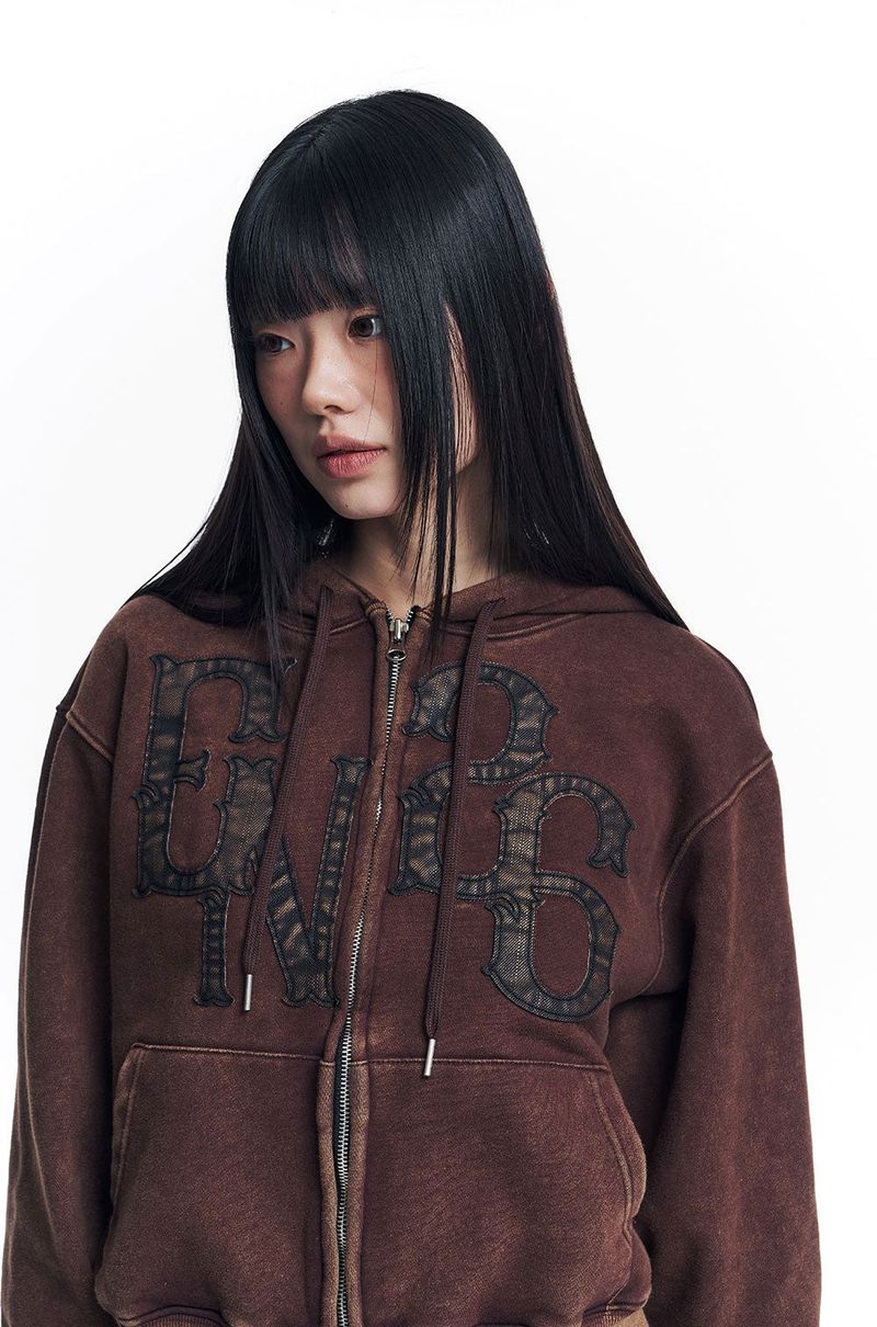 Washed Leather Patch Hooded Zip-Up - Brown