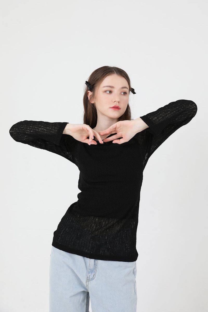 See-Throught Back Slit Long Sleeve Knit Black