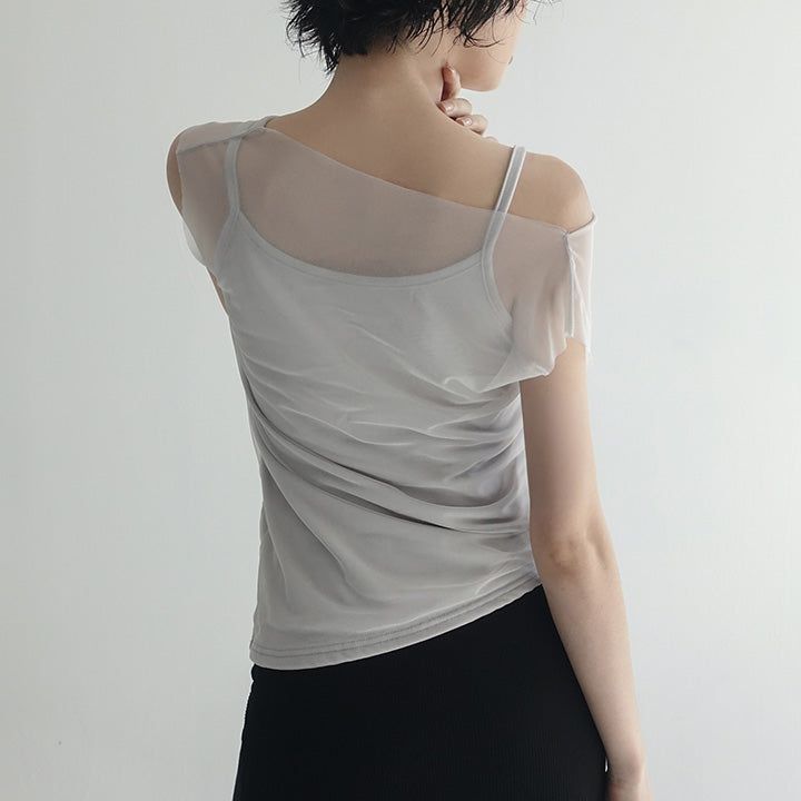 [Encoat] Tank Layered Mesh Cap Sleeve T-Shirt - 3color