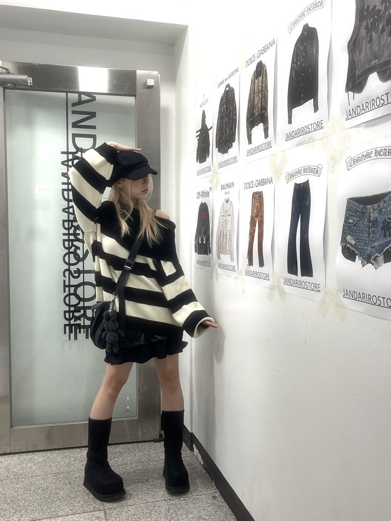 Off-shoulder Oversized Fit Stripe Knitwear