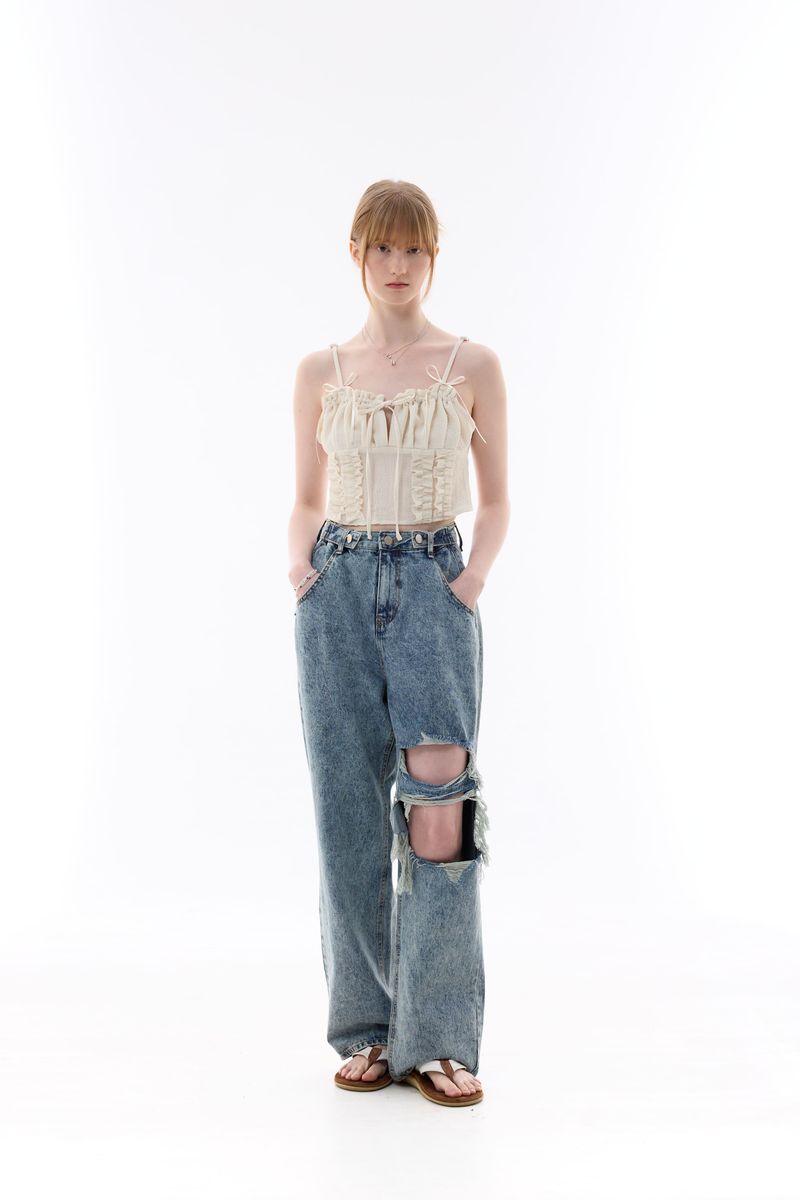 CHARMING DAMAGE WIDE DENIM PANTS