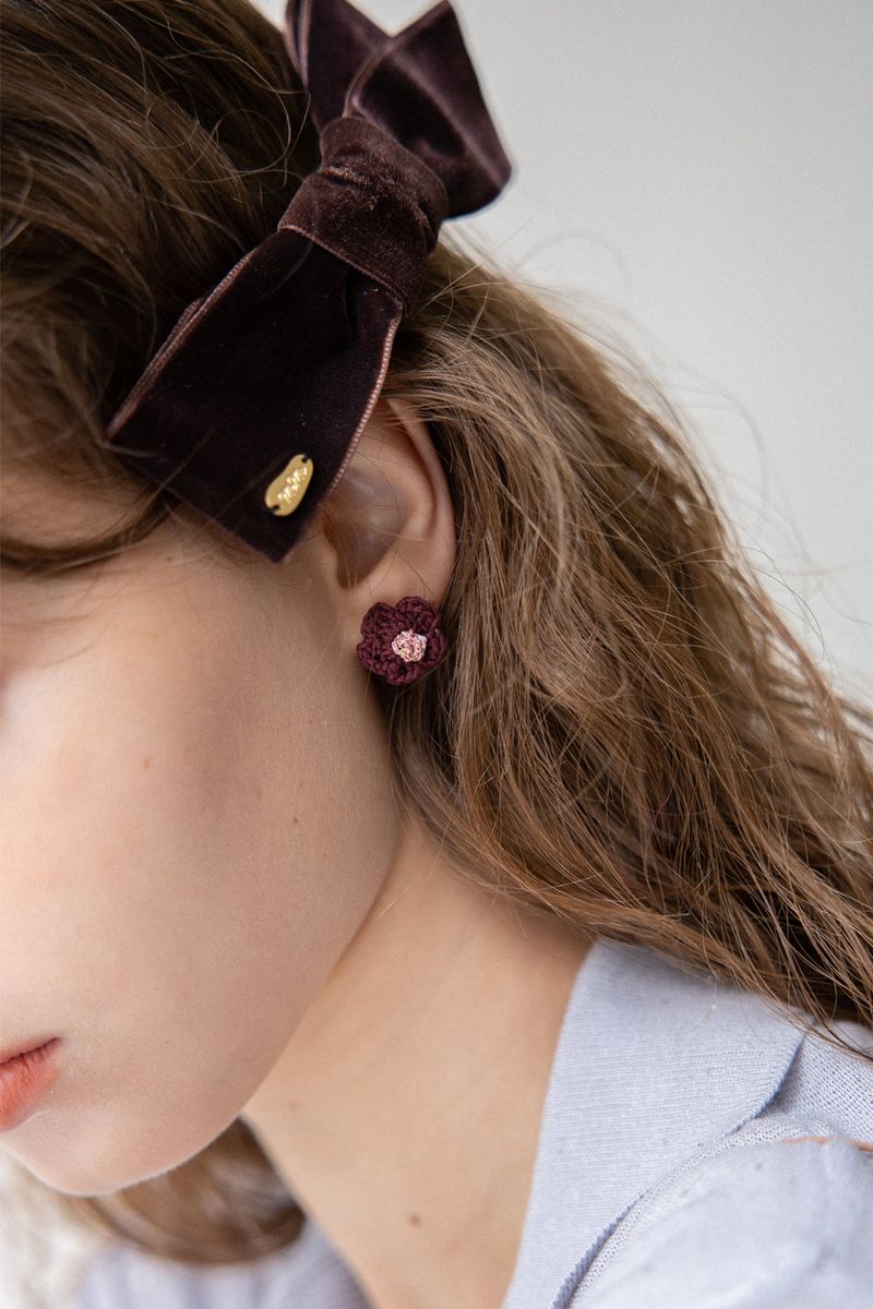 Wine and rose flower knit earring