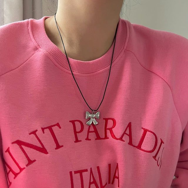 yun Big Ribbon Heart Stainless Steel Cowhide Rope Strap Strap Long Layered Necklace