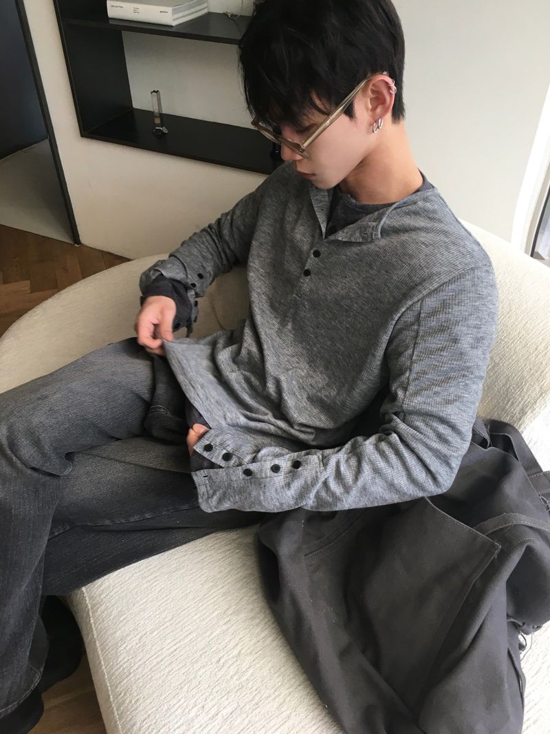Karu Ribbed Henley Neck Button Long Sleeve 3C
