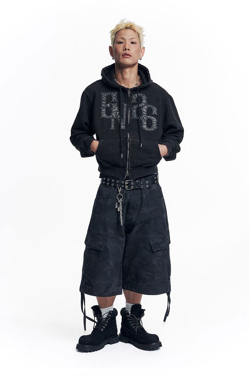Washed Leather Patch Hooded Zip-Up - Black