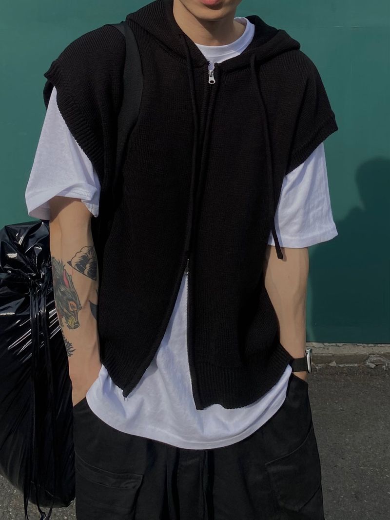 Two Way Over Hooded Knit Vest 3C