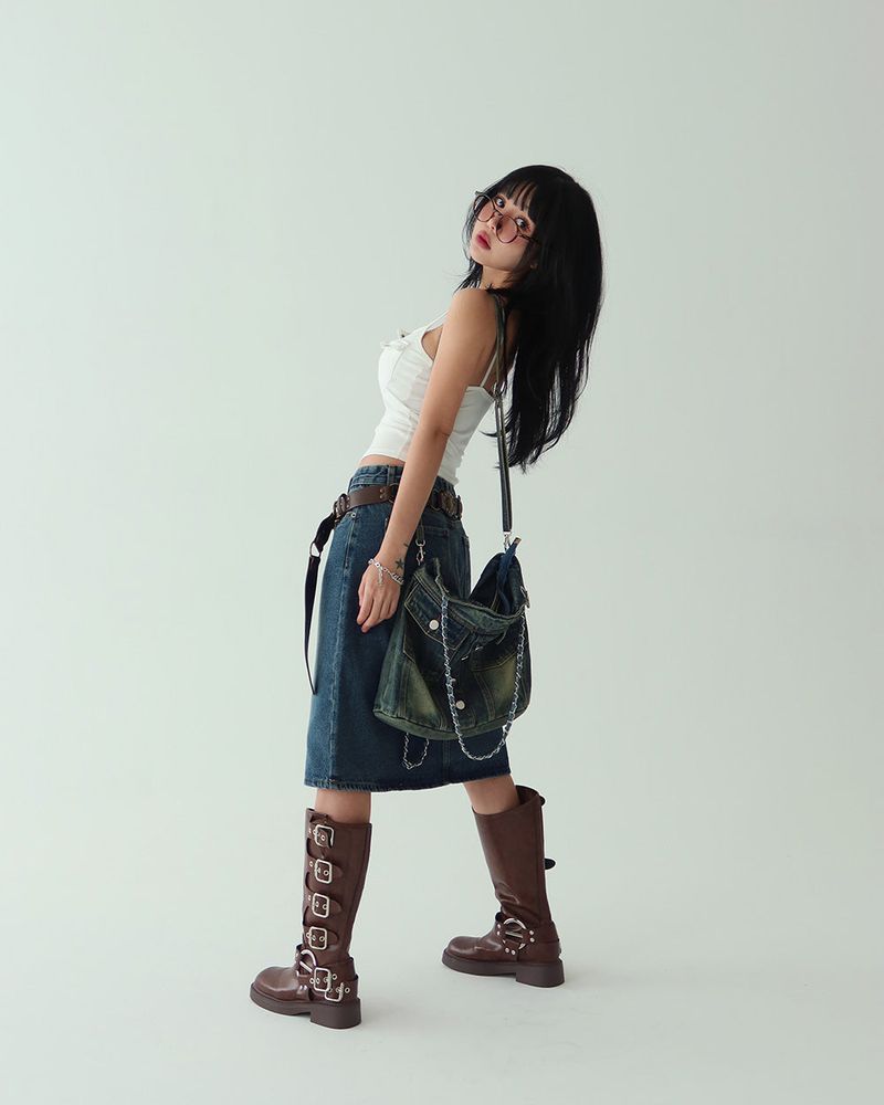 Cami vintage denim midi skirt