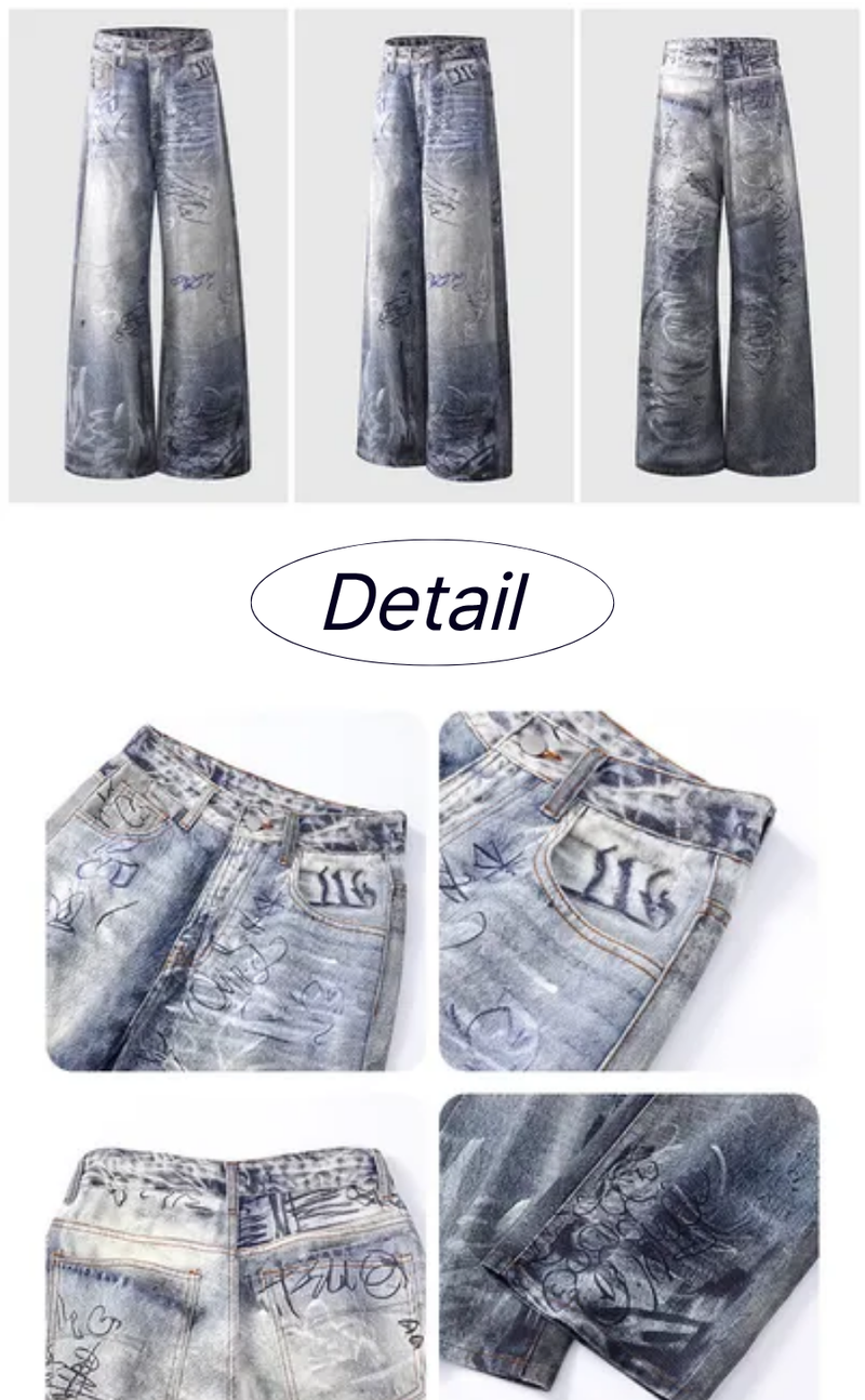 Hand-Painted Distressed High-Waisted Wide-Leg Jeans