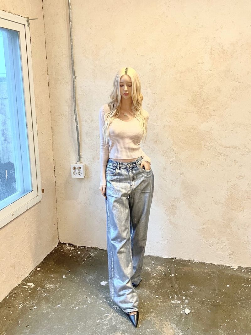  Silver coating denim low wide pt (2color)