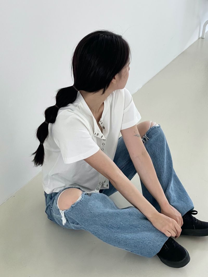 Damage cutting wide denim pants