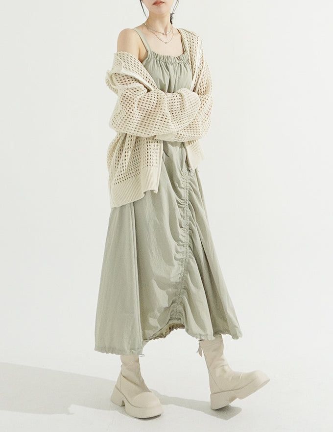 String Shirring Balloon Long Dress